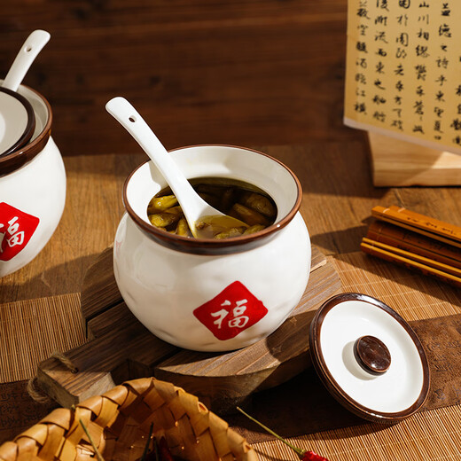 Sheli Chinese-style Fu character household kitchen lard jar ceramic high temperature resistant oil spicy jar salt jar chili jar meat oil jar large size 1.9L (with spoon) high temperature resistant | can heat oil