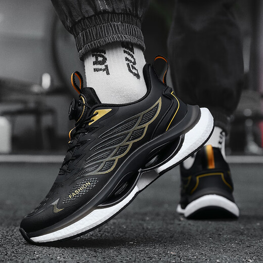2025 new sports shoes for men, autumn and winter shoes, rotating button running shoes, ultra-light shock-absorbing breathable shoes for men 9887-black gold leather style 42