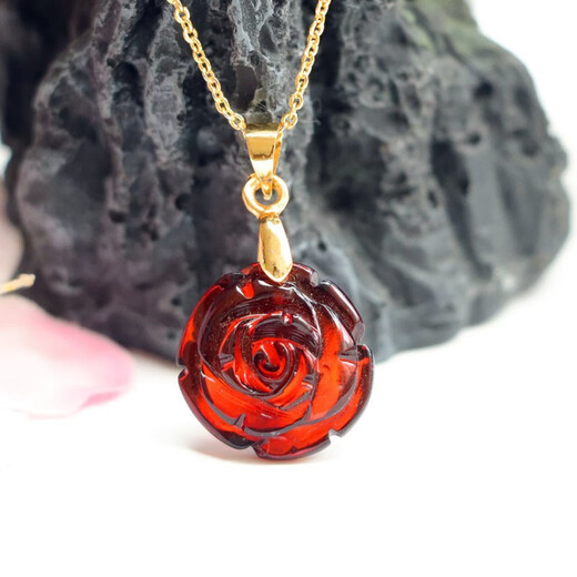 Tris raw amber pendant, water purification blood amber rose necklace, jewelry pendant, Valentine's Day gift for mom and wife, blood amber rose pendant (with silver chain)