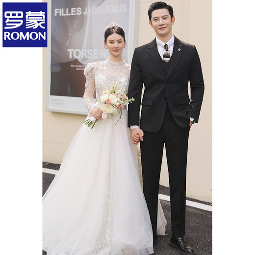 ROMON Wool Suit Suit Men's Business Casual Suit Men's Wedding Groom Groomsman Dress Professional Formal Jacket Single-breasted Dark Gray Three-piece Set Free Tie XL