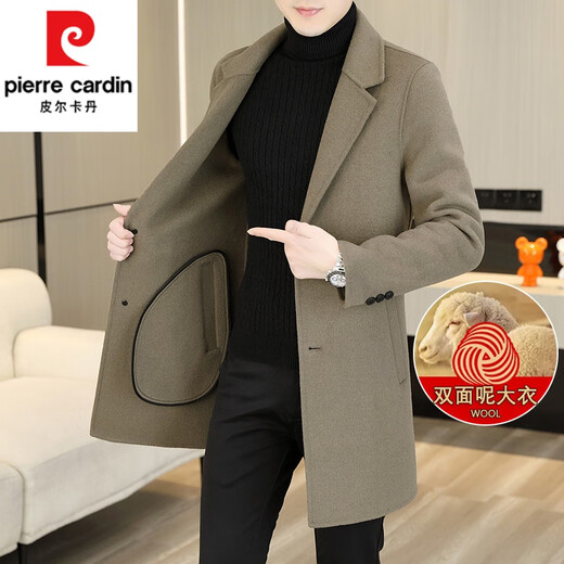 Pierre Cardin (Pierre Cardin) Down Lined Double-sided Woolen Coat Men's Wool Woolen Windbreaker Mid-Length Cashmere Jacket Spring Autumn Winter Men's Clothing Black (70 Wool) L 120-140Jin Jin is equal to 0.5 kg