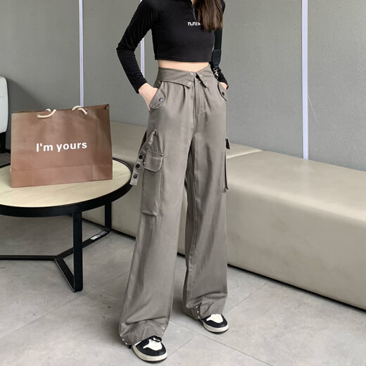 Pei Jing overalls for women, American street style, flap waist design, straight, loose, wide-leg pants, casual pants, gray M (recommended 95-108 Jin [Jin equals 0.5 kg])