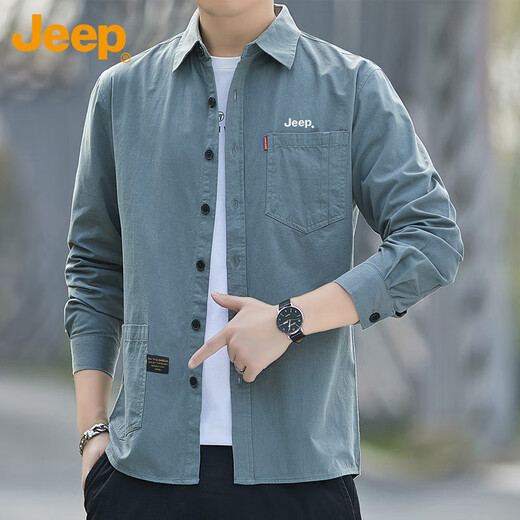 吉普（JEEP）长袖衬衫男春秋季工装外套男士潮流宽松衬衣服男装上衣 灰绿 XL 