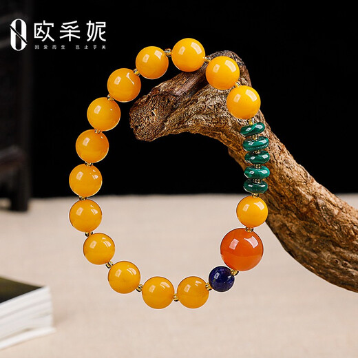 OUCERNY beeswax bracelet natural amber old beeswax southern red round beads malachite lapis lazuli single circle multi-treasure bracelet for men and women one item one certificate supports re-inspection