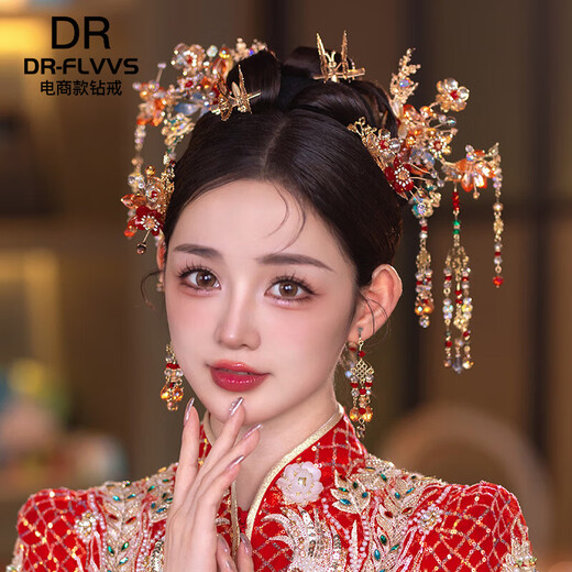 DR-FLVVS Xiuhe clothing headwear new Chinese style headwear 2024 new style atmospheric ancient style bridal hair accessories wedding dress accessories red glazed hair accessories set
