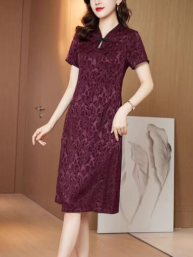 奥丝婕（Aosijie）高端品牌真丝连衣裙改良款旗袍女2025夏季新款桑蚕丝喜婆婆婚宴装 酒红 2XL (125-135斤左右)