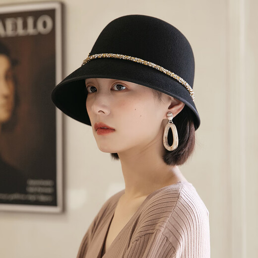 Light luxury brand, star Internet celebrity same style, new French woolen felt hat for women, autumn and winter wool fisherman hat, women's winter British retro versatile shaped basin hat, black, adjustable M (55-58cm)