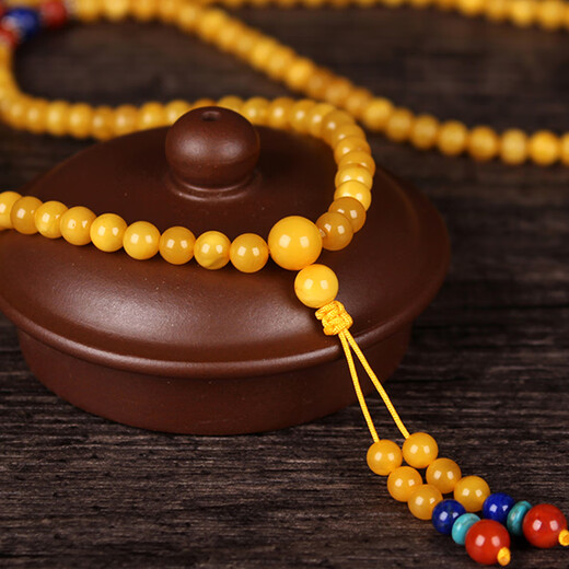 Minol Boutique Chicken Fat Yellow Round Beeswax 108 Buddhist Beads Bracelet Wound 3 times with Southern Red 11.15g