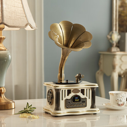 Otieno Antique Vinyl Phonograph Decoration Mini Charging Bluetooth Speaker Retro Birthday Gift Home Ornament Ivory White Plug-in Rechargeable Free Music USB Disk