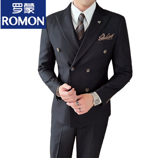 ROMON Business Slim Peaked Lapel Double-Breasted Suit Men's Commuting Casual Groom Wedding Dress Suit Three-piece Set Gray Blue Suit+Trousers (XL)