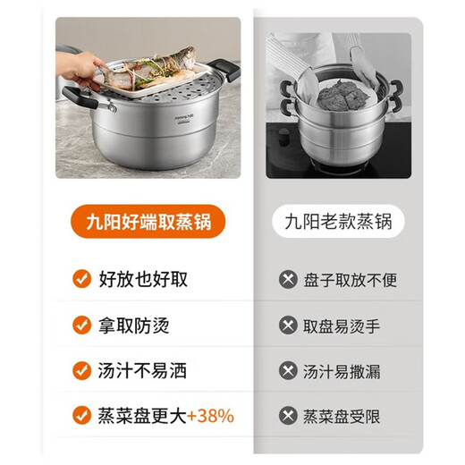 Joyoung Steamer 304 stainless steel double-layered bottom large-capacity high-arch lid steamer soup pot steamer induction cooker universal heightening design-CZ514- 2 layers 30cm