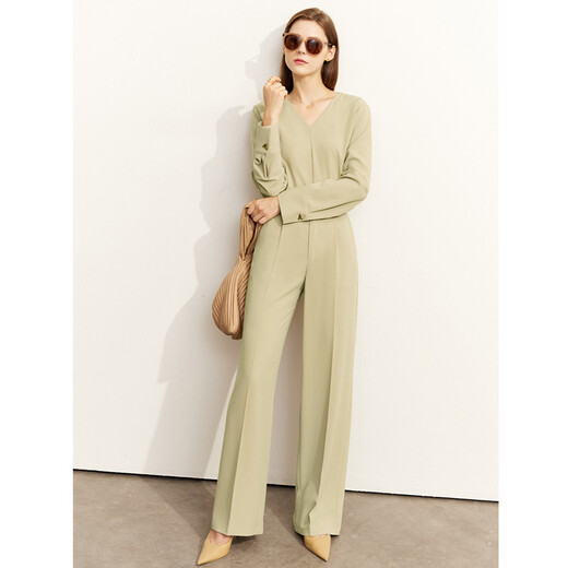 AMII Women's 2025 Autumn New V-neck Chiffon Shirt Wide-Leg Casual Pants High-end Fashion Suit Cardamom Green (Casual Pants) L 165/88A