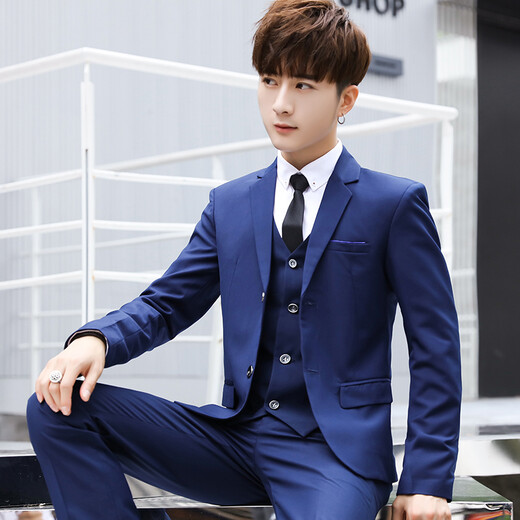 Zhehan Teenage High School Adult Dress Suit Boy Wedding Suit Three-piece College Student Interview Formal Wear Black Suit+Pants+Tie XL 31 Suitable for 122-127 Jin Jin equals 0.5 kg