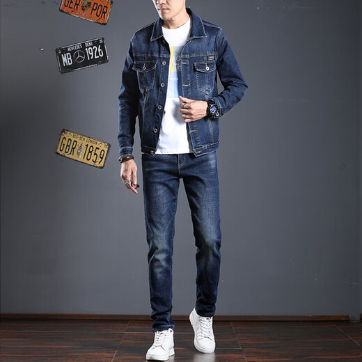 Playboy jacket men's autumn and winter denim suit men's two-piece set men's trendy jacket autumn and winter thickened handsome set XD006 men's medium blue suit clothes + pants XL 135Jin Jin equals about 0.5 kg