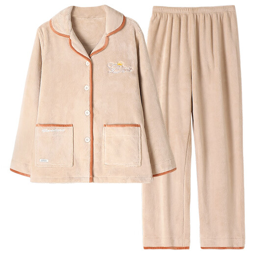 LangSha Couple Pajamas Women's Winter Flannel Home Clothes Men's Fall Velvet Casual Loose Suits Women's Autumn and Winter Style A2731 Beige Female M