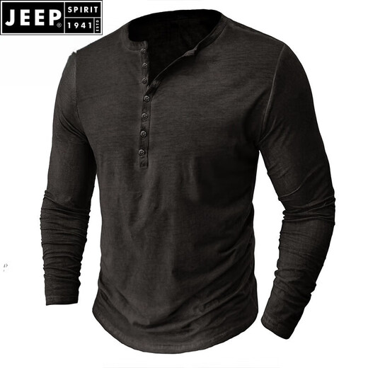 JEEP SPIRIT European and American men's distressed henley shirt retro long-sleeved T-shirt large size men's button washed distressed bottoming shirt top light gray 2XL (185-205Jin Jin equals 0.5 kg)