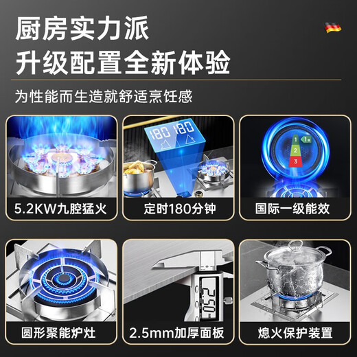 妍太德国【780大开孔大面板】大面板燃气灶天然气双灶家用煤气灶嵌入式灶台5.2Kw大火力猛火灶煤气炉 2.5mm加厚精钢左猛火定时方架【983款】 罐装液化气