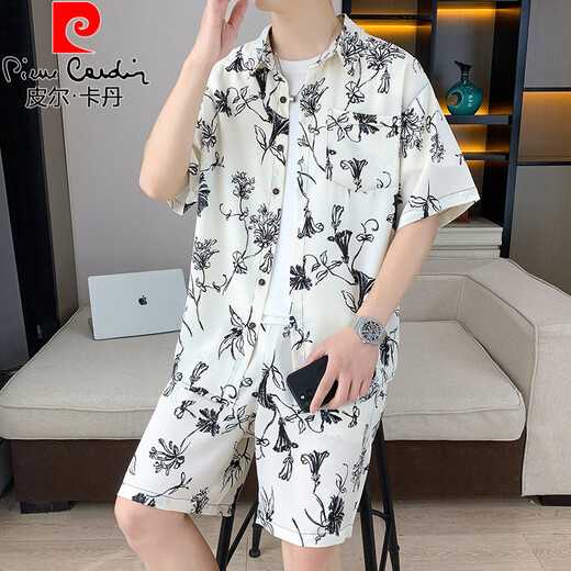 Pierre cardin ice silk short-sleeved shirt suit men's summer casual cool quick-drying floral shirt with beach shorts two-piece set 679 meters white suit M 90-110Jin [Jin equals 0.5 kg]