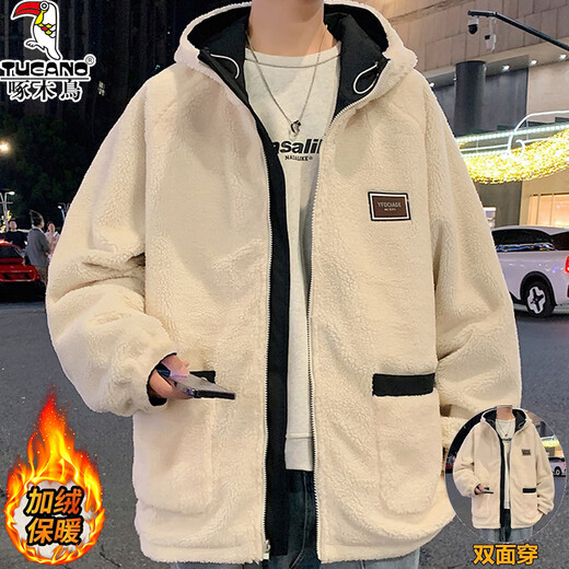 Woodpecker Reversible Jacket Men's Autumn and Winter Plus Velvet Thickened Cotton Clothes Men's Loose Cotton Clothes Men's Down Jackets Imitation Lambswool Black XL (Recommended 130-150 Jin Jin equals 0.5 kg)