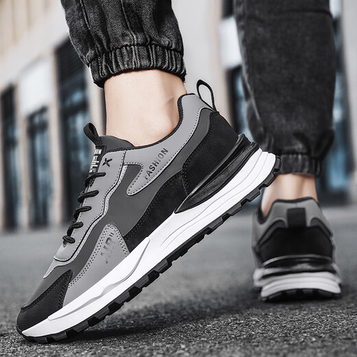 EXUELING men's shoes 2025 new spring and summer casual sports work and work leather waterproof and anti-slip labor protection dad shoes men black gray 42 (260mm)