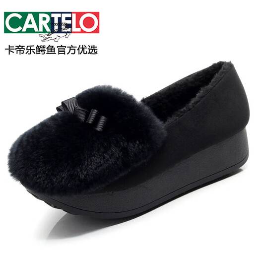 CARTELO Autumn and Winter Korean Style Wedge Rabbit Fur Shoes Medium Heel Bean Shoes Women's Bow Tie Loafers Plus Velvet Thick-soled Fur Shoes for Outerwear 1813 Black 34