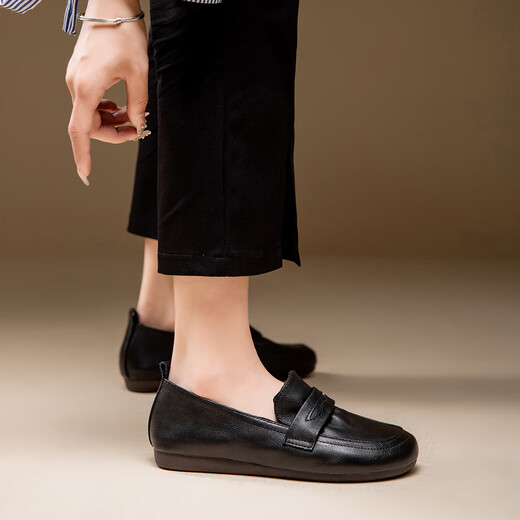 Kanglibi echtes Leder mit weicher alleinerer Mutterschuhe einzelner Schuhe mittleren und alten bequemen und nicht müden Lederschuhe mittleren und alten jungen und rutschfesten Frauenschuhe Frühlings- und Herbststil 671 Single-Schuhe Schwarz Weichgesicht echtes Kuhwahnsinn 39