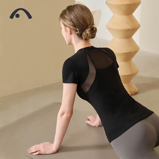 Aixiabu Professional Yoga Wear Women's Top Spring and Summer Pilates Beautiful Back Short Sleeve Sports T-shirt Fitness Wear High-End Nude Large Size Black/Mesh With Breast Pad XL