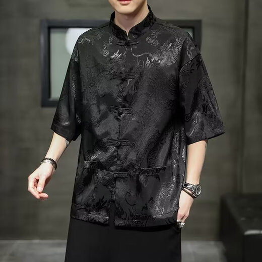 Jiaye 2025 Sommer Dünnes dunkles Drachenmuster kurzärärmiges Hemd Chinesische Tang Anzug Button Republik China Hemd Top T103 Weiß [kurzärmeliger Stil] xl