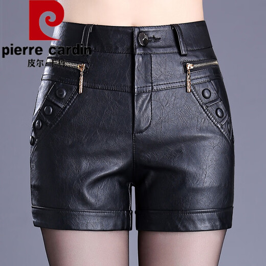 Pierre Cardin Leather Pants Women's 2024 New Autumn and Winter High Waist Slim Versatile Black PU Leather Pants Wear Outer Boot Pants Trendy 8061-1# Black (Fleece Version) 26/S