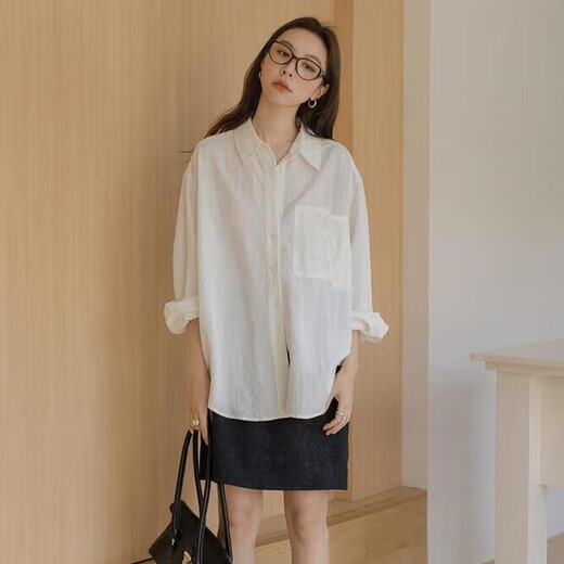Yipinyuan New Solid Color Simple Lapel Shirt Women's Autumn 2025 New Casual Big Pocket Drape Long Sleeve Top Shirt White L 111-130Jin Jin equals 0.5 kg