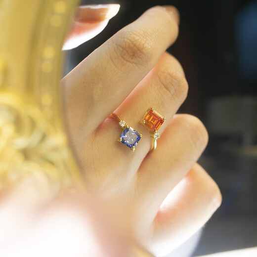 DR-FLVVS Fat Donglai's same style Fanta stone ring with tanzanite blue diamond double stone model 18K gold plated jewelry live ring two-color color matching gemstone ring-gold color opening can be