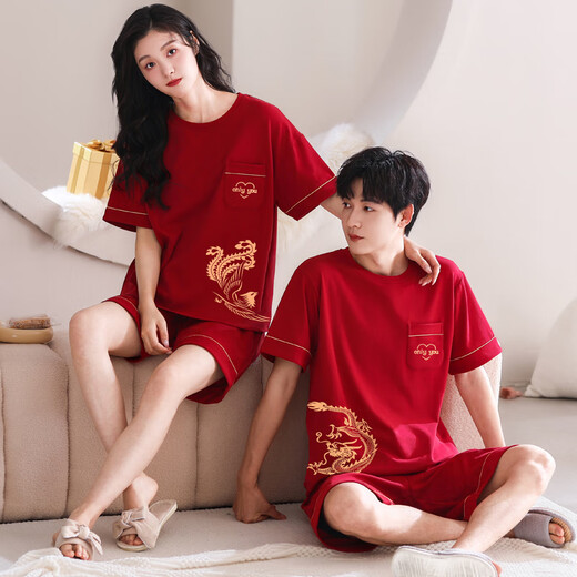 LangSha couple pajamas summer pure cotton one man and one woman red wedding with chest pad high-end gift box home wear set 5808 couple with chest pad female XXL + male XXXL