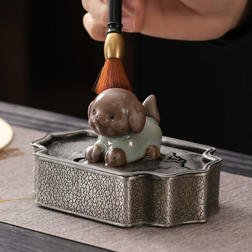 Bamboo celadon cute puppy tea pet ornaments tea set accessories creative ceramic handmade zodiac cute dog tea table decoration can be raised Xiaowangcai-Ge Kiln