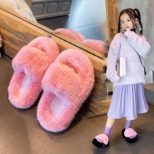 Xianzheyi Girls' Furry Slippers 2023 Winter New Indoor Non-Slip Slippers Western Style Children's Outerwear Warm Cotton Slippers Beige 28