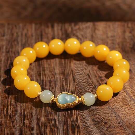 Qingchengshan Cultural and Creative Beeswax Bracelets Women's Chicken Oil Yellow Real Amber Hetian Jade Bracelet Fashion Accessories Birthday Gift 10mm Russian Chicken Oil Beeswax Gourd Bracelets