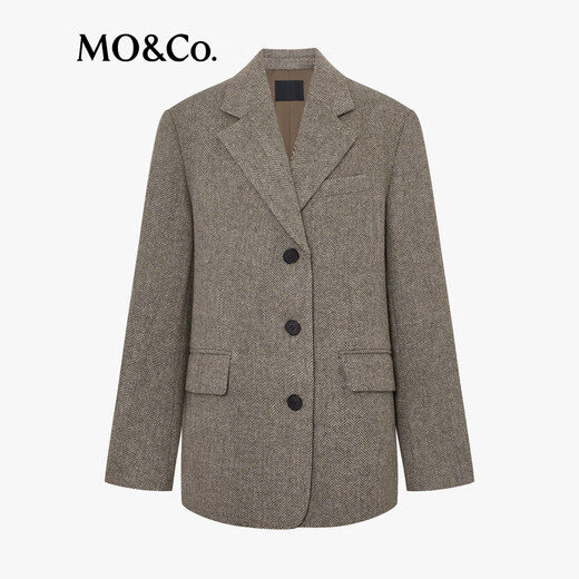 MO&Co. Suit Spring Retro Brown Green Herringbone Sheep Wool Padded Broad Shoulder Jacket MBE1BLA005 Green Mixed Color S