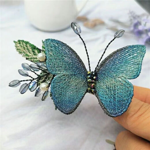 Tang Funi Hairpin Women's Back Head Horizontal Clip Embroidered Butterfly Hair Accessory Elegant Adult Hairpin Clip Half-tied Hairdress Top Clip Blue