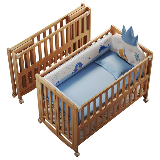 Mu Tong Fang (MU TONG FANG) crib foldable solid wood unpainted splicing bed newborn baby large bed removable multi-functional cradle bed 1 bed + double core latex brown cushion + crown thickening five pieces