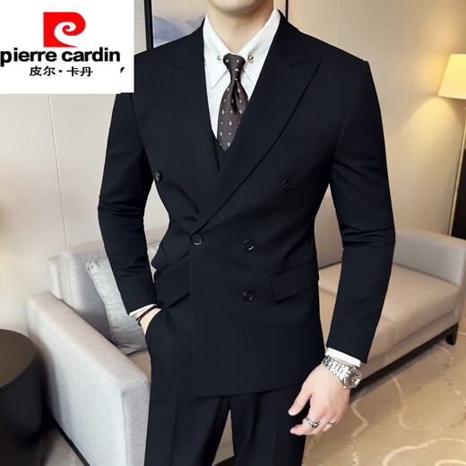 Pierre Cardin Groom Wedding Double-breasted Suit Men's Suit British Style Business Casual Formal Wear Master of Ceremony Groomsman Suit Three-piece Suit Black (Double-breasted Suit) 2XL