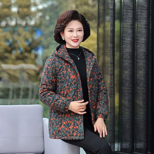 Yu Zhaolin (YUZHAOLIN) Yu Zhaolin mother's outfit cotton plus velvet cotton coat hooded middle-aged and elderly women's clothing autumn and winter loose grandma floral cotton blue 3XL recommended 145-160Jin Jin equals 0.5 kg