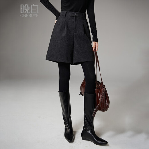 Late White New Product 2025 Winter Temperament Sheep Wool Skirts Simple and Elegant High Waist Casual Woolen Shorts Boot Pants Women Dark Gray 28