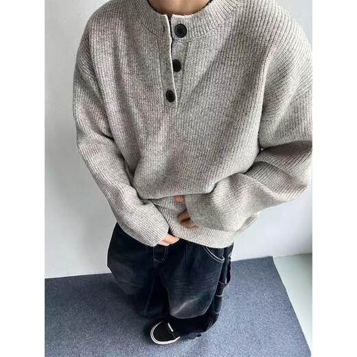 She Man Lai Sweater Men's 2024 Autumn and Winter New Gray American Retro Henley Collar Lazy Style Cleanfit Sweater Men Gray XL