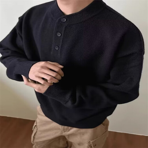 Tanghao (tanghao) Korean version of the new men's relaxed old money knitted sweater, lazy and versatile henley bottoming long-sleeved autumn and winter black high quality XL