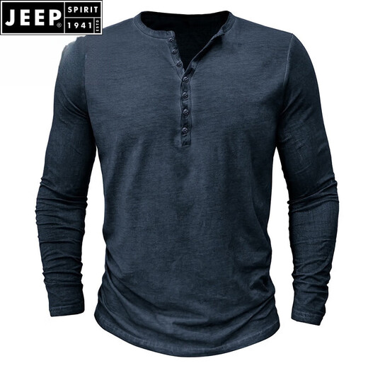 JEEP SPIRIT European and American men's distressed henley shirt retro long-sleeved T-shirt large size men's button washed distressed bottoming shirt top light gray 2XL (185-205Jin Jin equals 0.5 kg)