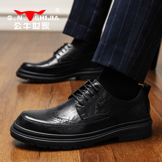 Bull Family Leather Shoes Men's 2025 Autumn and Winter New Brogue Carved Men's Shoes British Retro Business Formal Shoes Men's Casual
