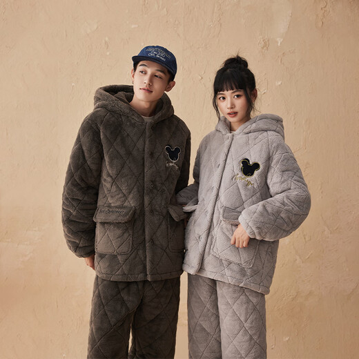 Kiss Cat Hooded Warm Velvet Couple's Quilted Pajamas Women's Winter Three-Layer Thickened Men's Suit Home Clothes Outerwear 164 Tea Brown Men 2XL