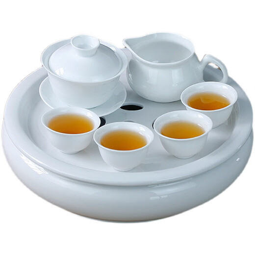 Ceramic tea tray, round complete set, Chaoshan white porcelain Kung Fu tea set, drum-shaped water storage 10-inch complete set of pure white covered bowl, white porcelain 10-inch single tea tray