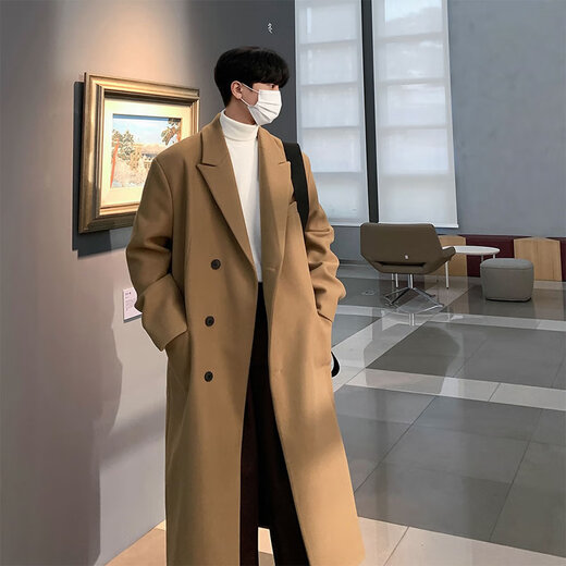 Ivansby's new winter men's woolen coat mid-length knee-high thickened woolen men's windbreaker jacket Korean style trendy and loose black (cotton version) XL