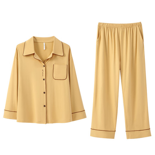 Anzhiban JuhaoSleep Couple Pajamas Spring and Autumn Ann Style Waxy Cotton Casual Loose College Style Ladies Home Clothes Set (Female) Maltose Yellow-Soft Anti-Wrinkle L