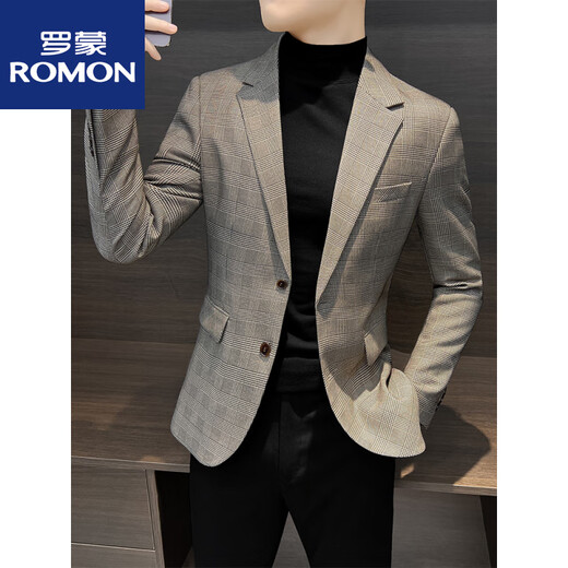 罗蒙（ROMON）休闲小西装外套男士春秋季2025新款上衣痞帅感千鸟格西服男款新品 卡其色 M 建议115斤以内